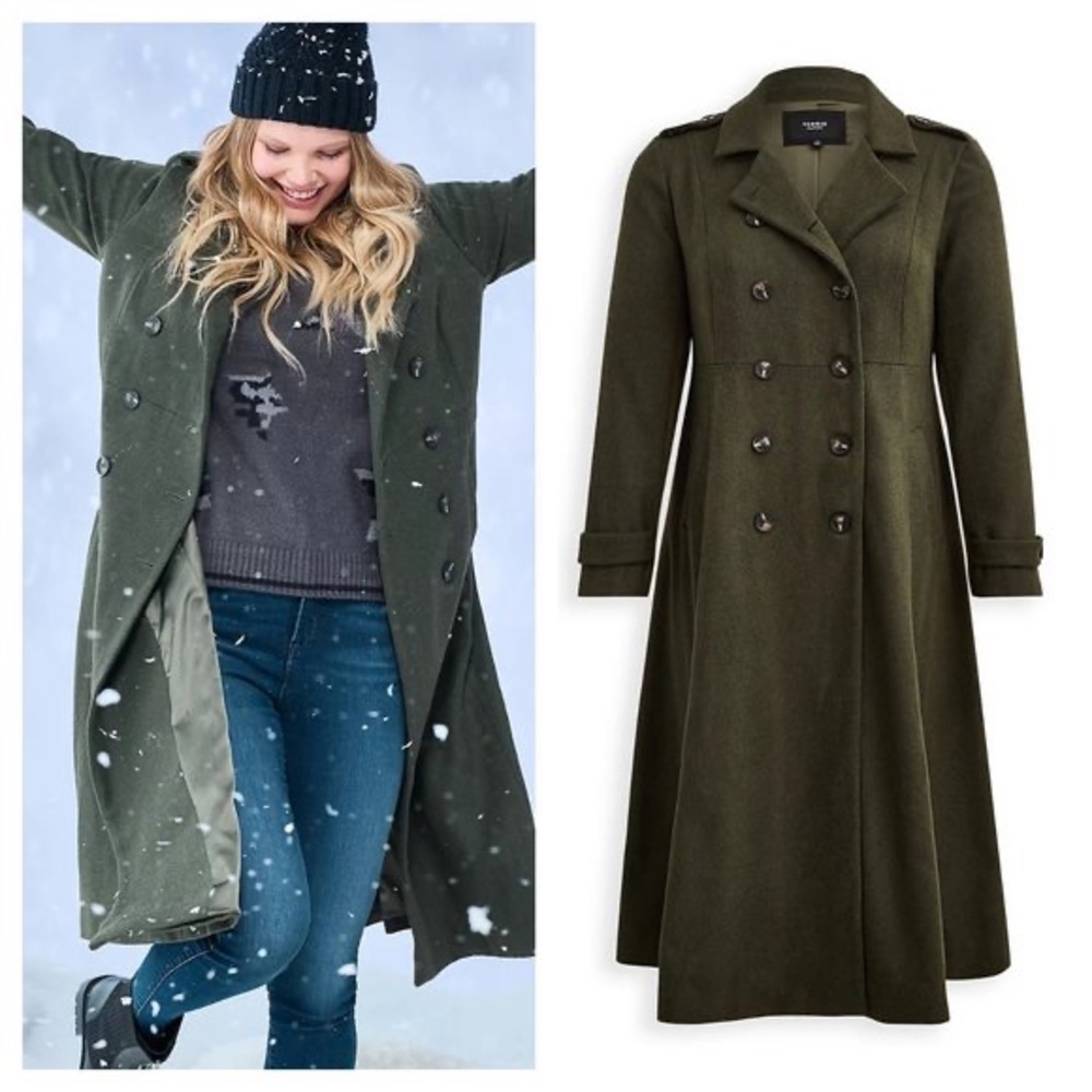 (J16) Torrid- Army Green Fit & Flare, Military Trench Coat